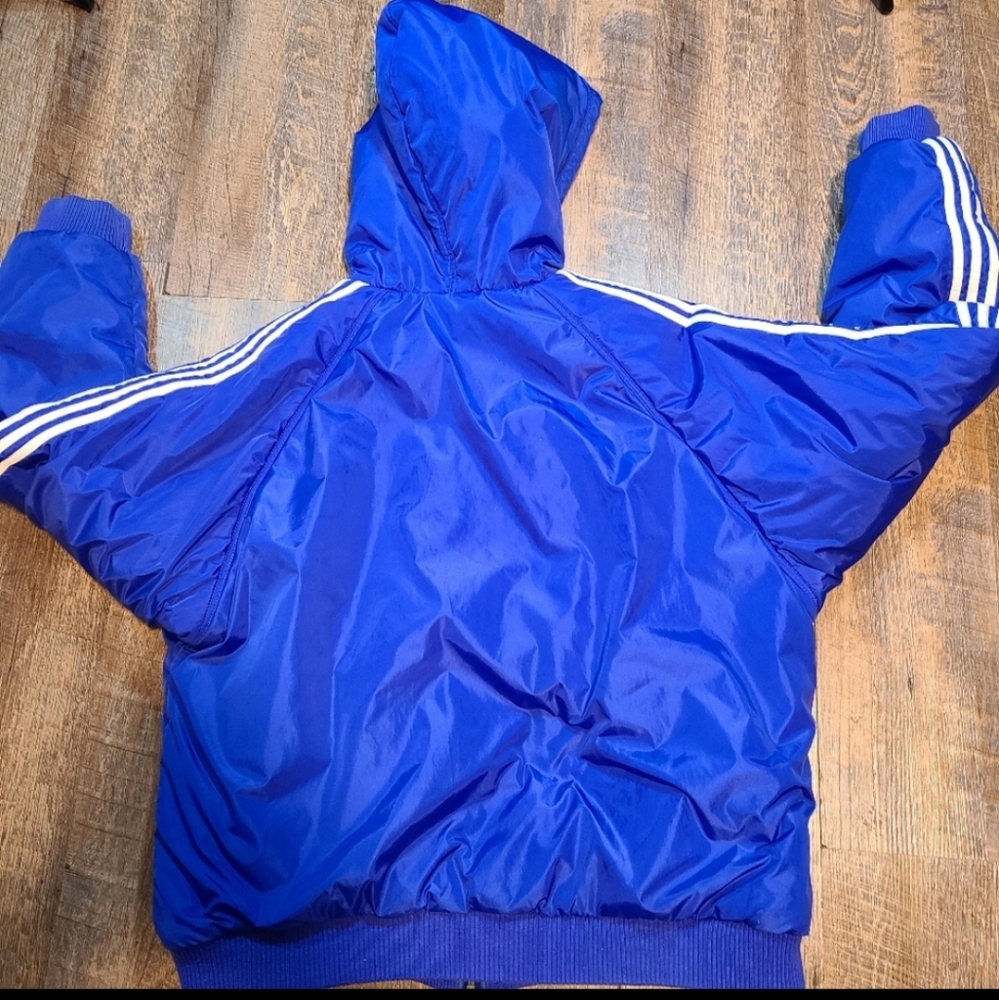 Adidas Puffer Jacket Blue-black with  white stripes down the sleeves XL